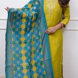 KALINI Thread Work Notch Neck Straight Kurta With Trousers And Dupatta-image-11