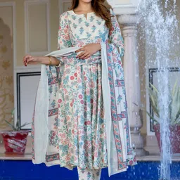 KALINI Floral Printed Notch Neck Anarkali Pure Cotton Kurta With Trousers And Dupatta-28
