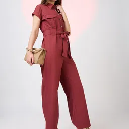 Globus Shirt Collar Extended Sleeves Front Pockets Utility Belted Jumpsuit-57