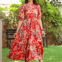 Rain & Rainbow Women Floral Print Puff Sleeve Pure Cotton Fit & Flare Midi Dress-image-67