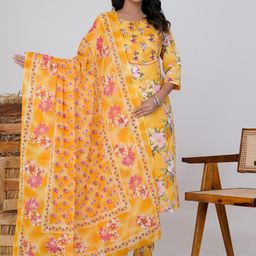ZOYOTO Floral Printed Pure Cotton Notch Neck Straight Kurta With Trousers & Dupatta-image-14