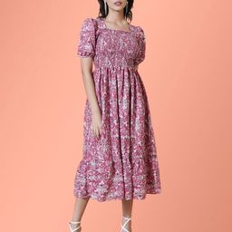 Jash Creation Women Floral Printed Puff Sleeve Fit & Flare Midi Dress-image-51