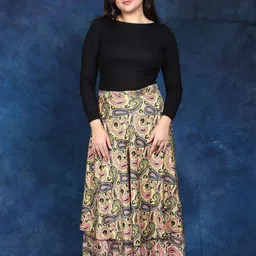 Exotic India Double Layer Wrap-Around Long Skirt with Floral Print-image-3