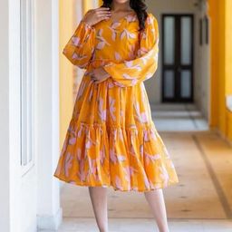 ATOXIC Yellow Floral Print Bell Sleeve Fit & Flare Dress-image-42