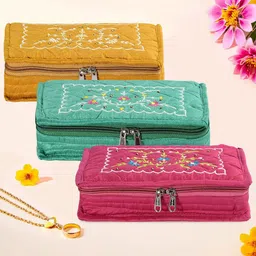 Kuber Industries Yellow & Green 3 Pieces Embroidery Jewellery Organisers-8