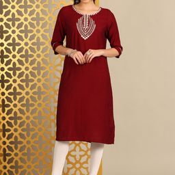 Anouk Floral Yoke Design Round Neck Thread Work Straight Kurta-image-56