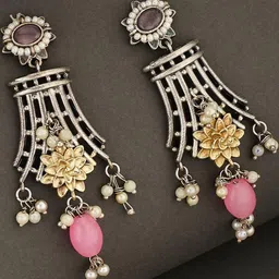 Anouk German Silver-Plated Stones Studded & Beaded Contemporary Shaped Drop Earrings-41