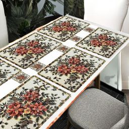 REVEXO 12 Pcs White & Red Printed Table Placemats With Coasters-26