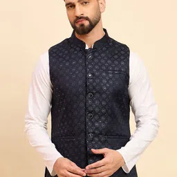 House of Pataudi Women Woven Design Mandarin Collar Nehru Jacket-13