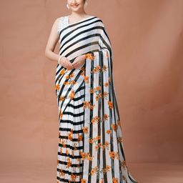 Garden Vareli Striped Floral Printed Pure Georgette Saree-picture-38