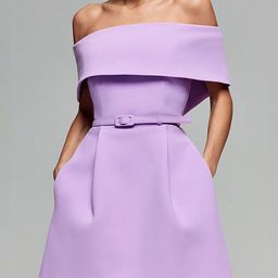 bebe Solid Belted Off-Shoulder Extended Sleeves A-Line Mini Dress-image-52