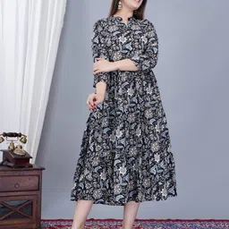 FebQ Ethnic Motifs Printed Mandarin Collar Fit and Flare Midi Dress-picture-6