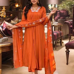 GoSriKi Women Floral Embroidered Anarkali Kurta with Trousers & With Dupatta-picture-20
