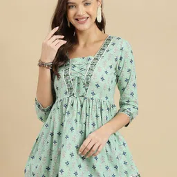 HERE&NOW Ethnic Motifs Print Lace-Up Pure Cotton Peplum Top-picture-7