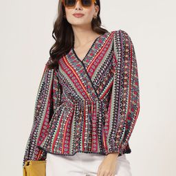 Style Quotient Geometric Print Bishop Sleeves Lace Top-picture-12