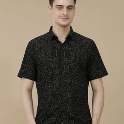 CAVALLO by Linen Club Contemporary Slim Fit Geometric Printed Linen Cotton Shirt-picture-17
