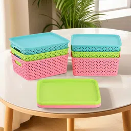 Kuber Industries Blue & Green 6 Pieces Checked Reusable Tote Basket Organisers-32