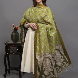 Exotic India Floral Printed Cotton Silk Kalamkari Dupatta From Telangana-image-64