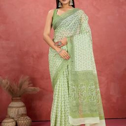 Jevi Prints Floral Pure Cotton Block Print Saree-image-0