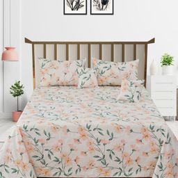 MORADO Cream-Coloured & Peach-Coloured Floral Polycotton 5 Piece Double Queen Superfine Bedding Set-8