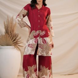 Kaftanize Floral Placement Printed Button Front Top With Trousers Co-Ords image 3