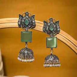 NAMAN ARTS Silver-Plated Artificial Stones Studded & Beaded Dome Shaped Oxidised Jhumkas-image-81