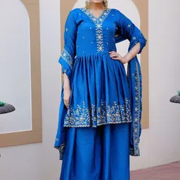 ODETTE Women Blue Ethnic Motifs Chinon Embroidered Stitched Kurta Set-image-27