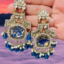 OPUS GEMS Artificial Stones Studded And Beaded Square Chandelier Drop Earrings-image-64