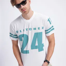 glitchez Appealing Teal Alphanumeric Printed V-Neck Relaxed Fit T-shirt-image-55