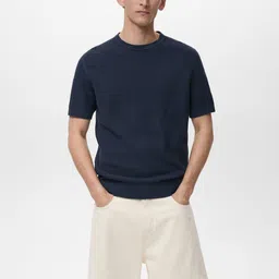 MANGO MAN Openwork Knitted Pure Cotton T-shirt-image-8