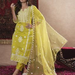 DIVASTRI Women Ethnic Motifs Embroidered Regular Thread Work Kurta with Trousers & With Dupatta-picture-37