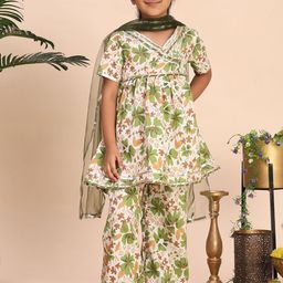 Cutiekins Girls Floral Printed V-Neck Gotta Patti A-Line Kurta With Palazzos & Dupatta-picture-30