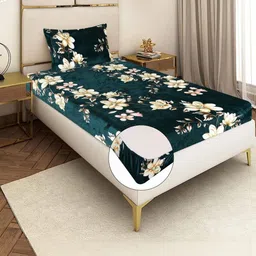 REALDREAM Green & White Floral Velvet 300 TC Single Bedsheet with 1 Pillow Covers-picture-9