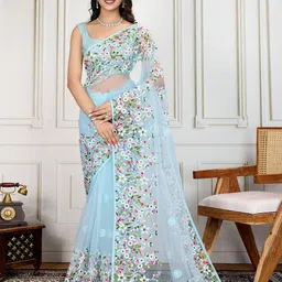 House of Pataudi Embroidered Work Saree With Blouse Piece-15