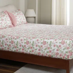 MASPAR Pink Floral Printed Pure Cotton 200 TC Fitted Single Bedsheet Set 2.24 m x 1.52 m-image-33