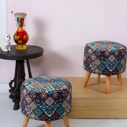 Shadowkart 2 Pieces Blue & Brown Printed Wooden Pouffes Ottomans-10