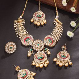Yellow Chimes Gold-Plated Kundan-Studded & Pearls Beaded Choker Necklace Set-16