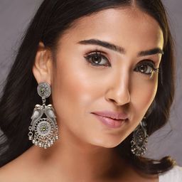 Sangria Silver-Plated Artificial Stones & Kundan Studded Peacock Shaped Drop Earrings-52