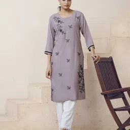 GRIOPY Floral Embroidered Round Neck Thread Work Straight Kurta-image-20