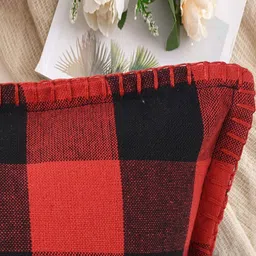Lushomes Red & Black Set of 2 Checked Square Cushion Covers image 5