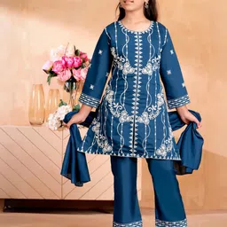 Sangria Girls Turquoise Blue Pure Silk Kurta Sets-image-75