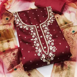 SHADOW & SAINING Floral Woven Design Beads Work Cotton Jacquard Unstitched Dress Material-picture-7