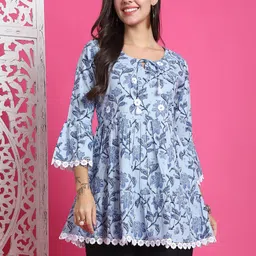 Merira Floral Printed Tie-Up Neck Pure Cotton Straight Short Kurta-picture-32