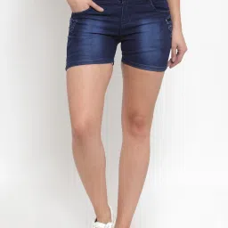 Dyed/Washed Women Denim Dark Blue Hotpants-image-79