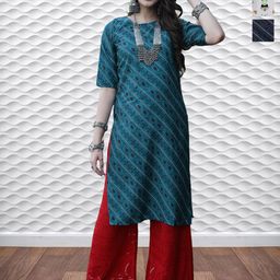 HERE&NOW Selection Of 3 Ethnic Motifs Printed Round Neck Straight Kurtas-image-92