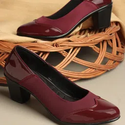 Dollphin Women Maroon Synthetic Patent Textured Block Pumps-picture-47
