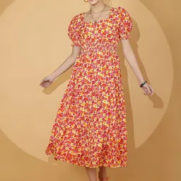 SHEETAL Associates Womens floral Print Puff Sleeve Crepe Fit & Flare Midi Dress-image-23