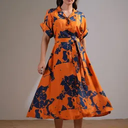 Kaftanize Women Orange & Navy Blue Abstract Floral Midi Dress in Russian Silk-picture-32
