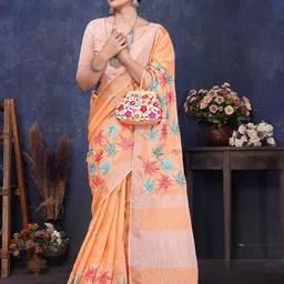 ALAGINI Ethnic Motifs Embroidered Pure Linen Saree-image-46