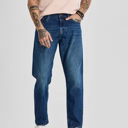 Snitch Men Low Distress Light Fade Snitch Dark Navy Blue Mid-Rise Baggy Jeans-image-59